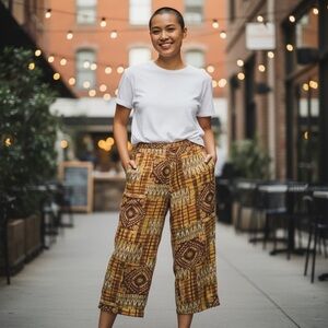 Boho Emerald Fashion Women's Patchwork Capris - Mustard and Brown